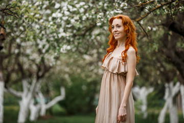 Naklejka premium red-haired girl in a blooming garden