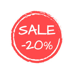 Sale sticker or icon. 20 percent price off discount label or tag with grunge texture. Hand drawn promo badge for advertising design. Vector illustration.