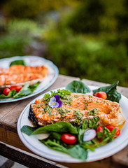 grilled salmon with salad and wine