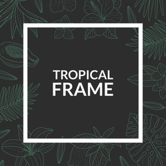 Tropical Banner Template, Square Frame with Exotic Dark Green Leaves Pattern