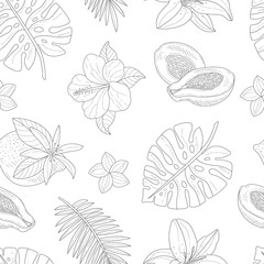 Tropical Plants and Flowers Seamless Pattern, Hand Drawn Design Element Can Be Used for Fabric, Wallpaper, Packaging, Web Page Vector Illustration