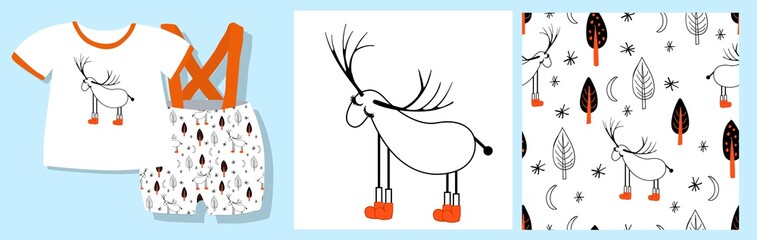 Funny print for baby clothes. Cute pattern with trees. T-shirt design. Vector illustration. Ready-made textile design kit. Seamless pattern. Deer. Animals character. Reindeer