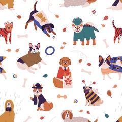 Stoffe zum Nähen Colorful joyful dog wearing funny costumes seamless pattern. Cute pet of different breed in apparel vector flat illustration. Domestic animals dressed in various clothes on white background