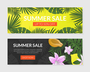 Naklejka premium Summer Sale Landing Page Templates Set, Web Page, Mobile App, Homepage with Exotic Green Leaves and Flowers Vector Illustration