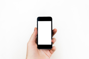 smartphone with white screen in the left hand. layout for designers.