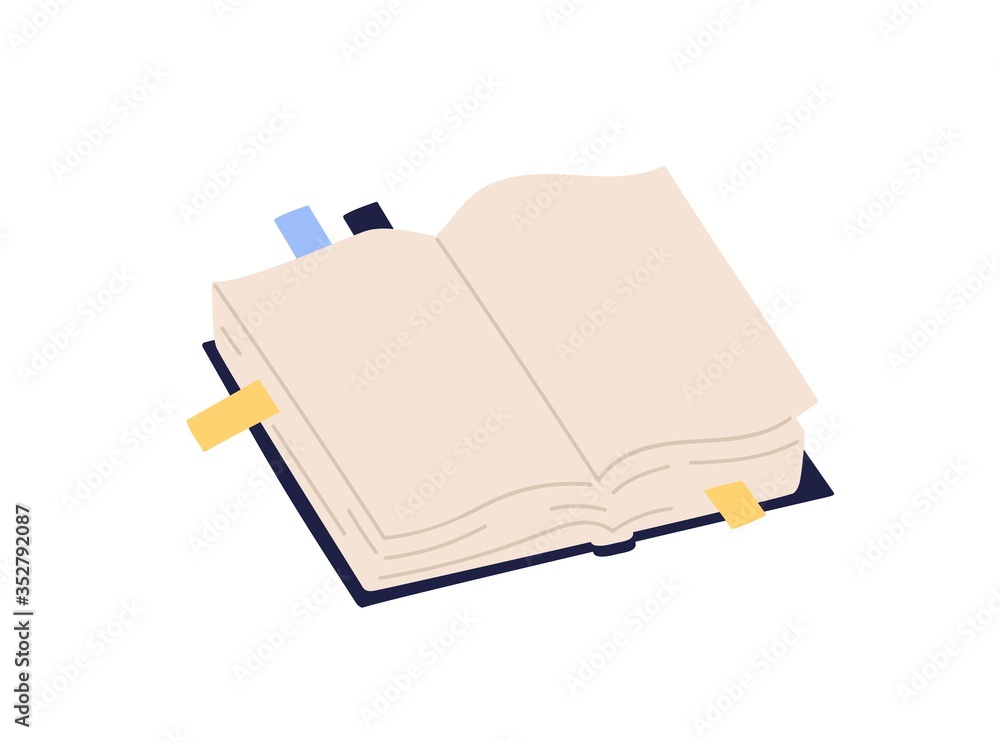 Poster Open paper book with empty pages and colorful bookmarks vector illustration. Colored notebook with stickers isolated on white background. Textbook or organizer in hardcover