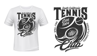 Tennis sport game t-shirt print vector mockup. Tennis racket, flying ball and grunge typography. Racket sport club emblem print for shirt, competition player apparel custom design template