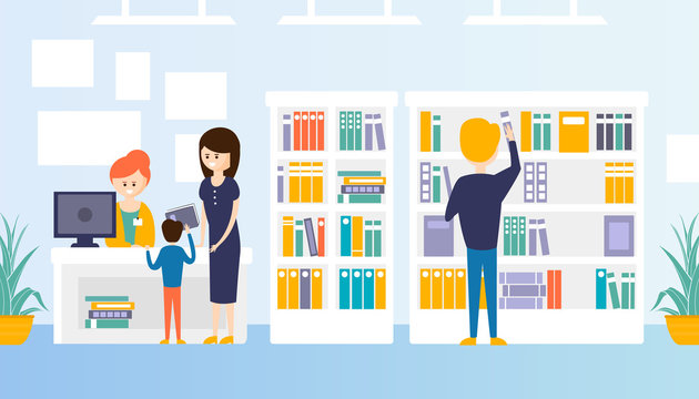 Bookstore or Library Interior with Bookshelves, People Choosing, Buying and Returning Books Flat Vector Illustration