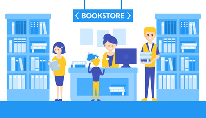 Bookstore Interior with Bookshelves, People Looking, Choosing and Buying Books Flat Vector Illustration