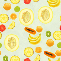 Hand drawn seamless pattern. Summer background with exotic fruits.