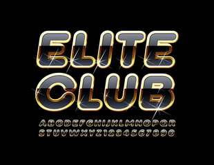 Vector shiny emblem Elite Bar. Black and Gold Font with Stars. Sparkling chic Alphabet Letters and Numbers