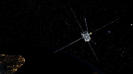 realistic satellite in orbit of the Earth, artificial satellite of telecommunications, satellite communications from Earth orbit, probe in Earth orbit 3d render © Aleksandr