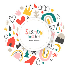 Scandinavian baby photo frame with blank space for picture or text, copy space banner, abstract doodles with rainbow clouds, modern minimal nordic design, vector border for invitation or card