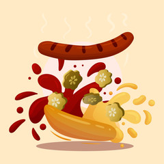 Realistic image of american hot dog sandwich with lettuce and mustard. Cartoon design element for a fast food restaurant and menu card. Poster template.