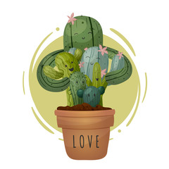  illustration, carton style. A family of cacti of different colors and characters are hugging together in a flower pot. Love is written on the pot. Home plants. Family concept