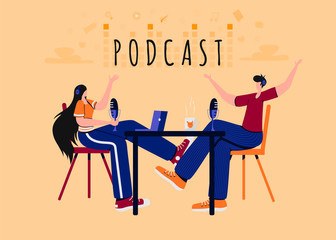 People recording podcast in studio flat  illustration. Radio host interviewing guests on radio station cartoon characters. Young DJ, man and woman in headphones talking