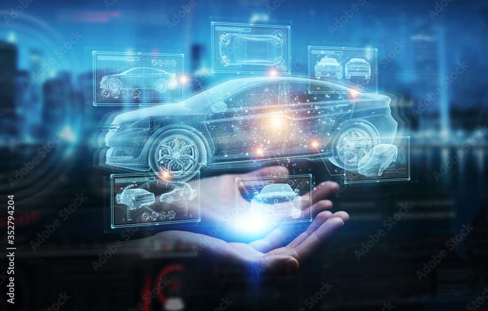 Aufkleber man hand holding and touching holographic smart car interface projection 3d rendering