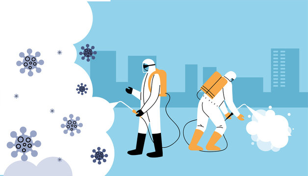 men in suits disinfecting cities by covid-19