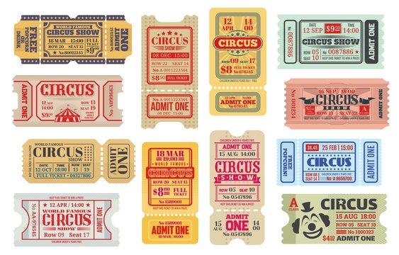 Retro Tickets To Big Top Circus Show, Isolated Vector Set. Vintage Shapito Event Ticket, Entrance Coupon Templates With Big Top Tent And Clown Face. Circus Carnival Admit Voucher With Dotted Line