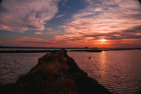 Saline di Cervia Natural Park and Wildlife Reserve at sunset, a wildlife and bird sanctuary, perfect for birdwatching. Walking along the levee of the saline while sun is going down.