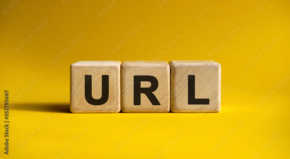 Poster url - text on wooden cubes with gradient yellow background