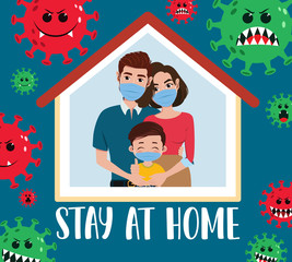 Family stay at home for covid-19 vector design. Stay at home text with quarantine family characters wearing mask for coronavirus covid-19 protection with virus in blue background. Vector illustration.