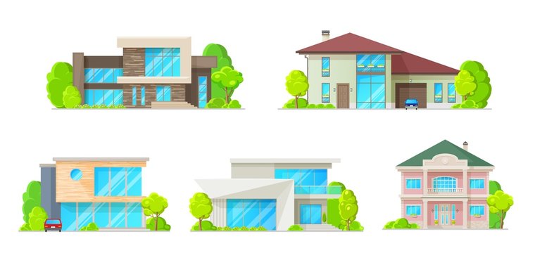 Houses, cottages, villas and bungalow isolated vector icons set. Residential home buildings, real estate cartoon exterior facades, family home architecture, house or mansion apartments, urban property