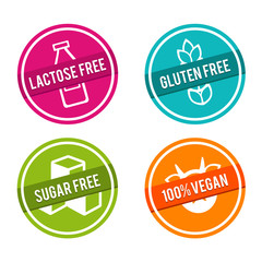 Set of Allergen free Badges. Lactose free, Gluten free, Sugar free, 100% Vegan.