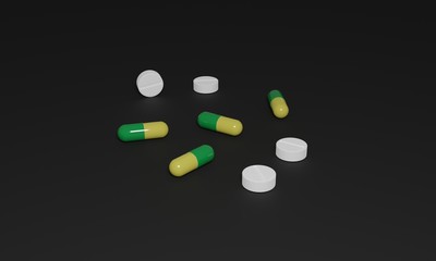3D rendering of yellow and green two piece capsules and white tablets or pills lying on the surface of a black background. Great for medical, pharmaceutical or medication banner, backdrop or poster.