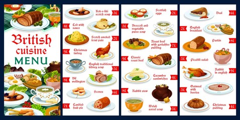 Britain cuisine menu template vector meals kok-e-liki scotch soup, cod with sauce, scotch smoked trout plate, christmas turkey, english traditional kidney soup, beef wellington, English food dishes