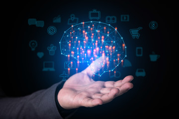 businessmen hand holding  brain of internet of things(IOTs) technology concept