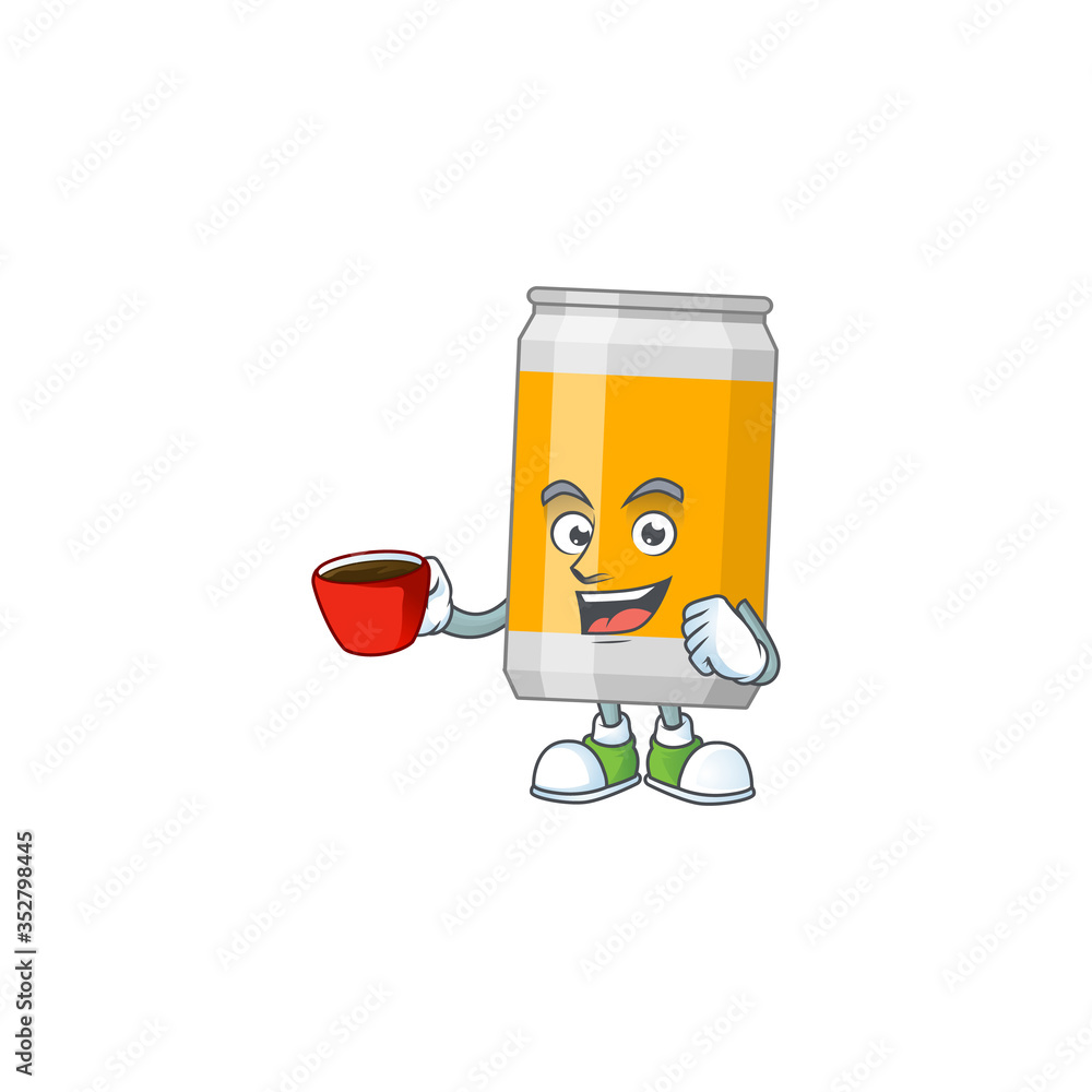 Sticker a mascot design character of beer can drinking a cup of coffee