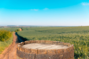 blurred background of hop plantation and wooden box