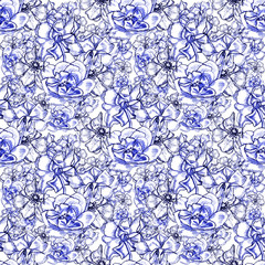 Creative composition with the image of garden flowers. Randomly arranged miniature roses. Abstraction, the theme of summer. Pattern for fabric and wallpaper.