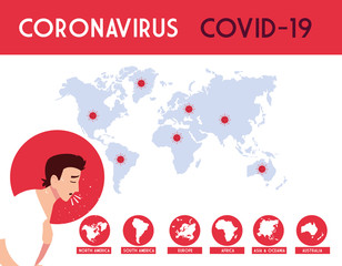 Man and world map with covid 19 virus vector design