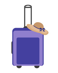 Travel suitcase and summer beach hat isolated on white background