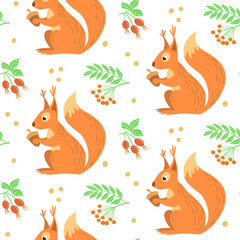 Light pattern with cute squirrel, which is holding an acorn. Branches of rose hip and rowan berries. Vector illustration.