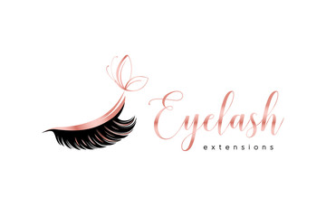 Eyelash extension logo. Makeup with rose gold butterfly. Vector illustration in a feminine style