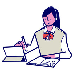 ヘッドセットをつけて遠隔授業をうける制服姿の女の子-カラー