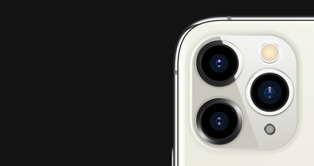 White smartphone modern camera on a dark background with space for your text. Realistic vector illustration.