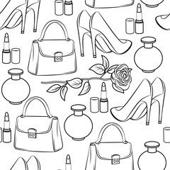 Seamless vector black and white pattern. Fashion accessories, shoes and cosmetics for women. Female things isolated on a white background