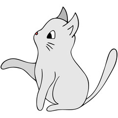 Kitten. White color. Colored vector illustration. Isolated background. Cartoon style. Lovely pet. A purring creature with a mustache. Fluffy animal. The tail is up. Hand drawing. Idea for web design.