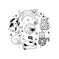 Set of 7 cute doodle cats on a white background. Coloring page with pets.