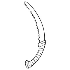 Black and white hand-drawn garden saw. Camping hacksaw. Vector.