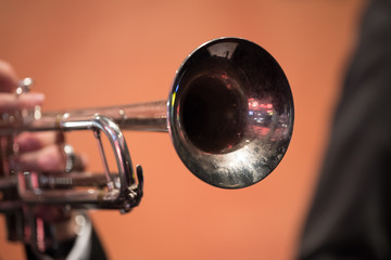 Close up of the cone of a trumpet