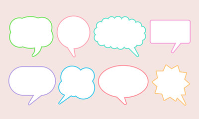 Set of pastel color speak bubble text, chatting box, message box outline cartoon vector illustration design. Balloon doodle style of thinking sign symbol.