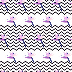 Vector illustration with Strelitzia flowers seamless pattern and geometric pattern zigzag. Tropical jungle and bird of paradise with a zigzag in the background. For fabric or wallpaper.
