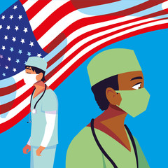 Men doctors with uniforms and masks with usa flag vector design