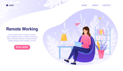 Young attractive woman working remotely. Home office concept. The girl is sitting on a bag chair and working on a laptop. Online Job. Workplace in the apartment. Suitable for web design. Flat Vector