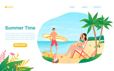 Young attractive couple on vacation. Best summer concept. Tropical beach on an island with palm trees. Muscular man and sexy woman in good shape. Summer activity. Suitable for landing page, web design